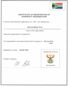 Marines Malay Choir Certificate of Registration of Nonprofit Organization